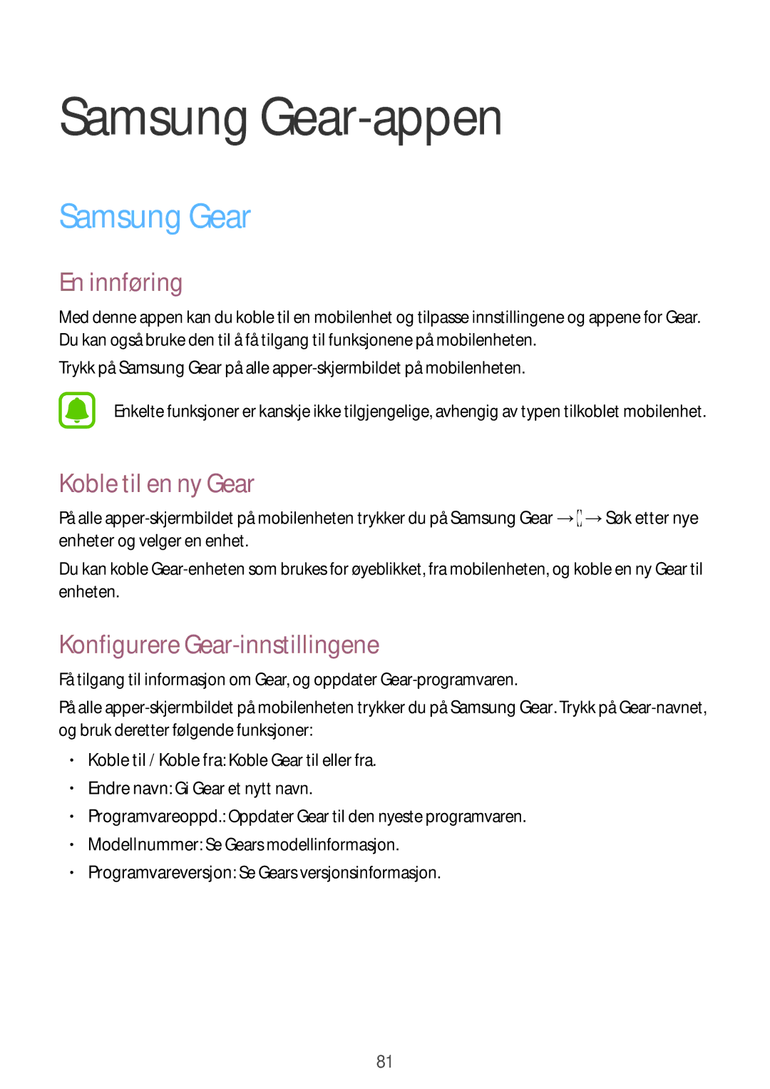 Samsung SM-R7500ZWBNEE, SM-R7500ZWANEE manual Samsung Gear-appen, Koble til en ny Gear, Konfigurere Gear-innstillingene 