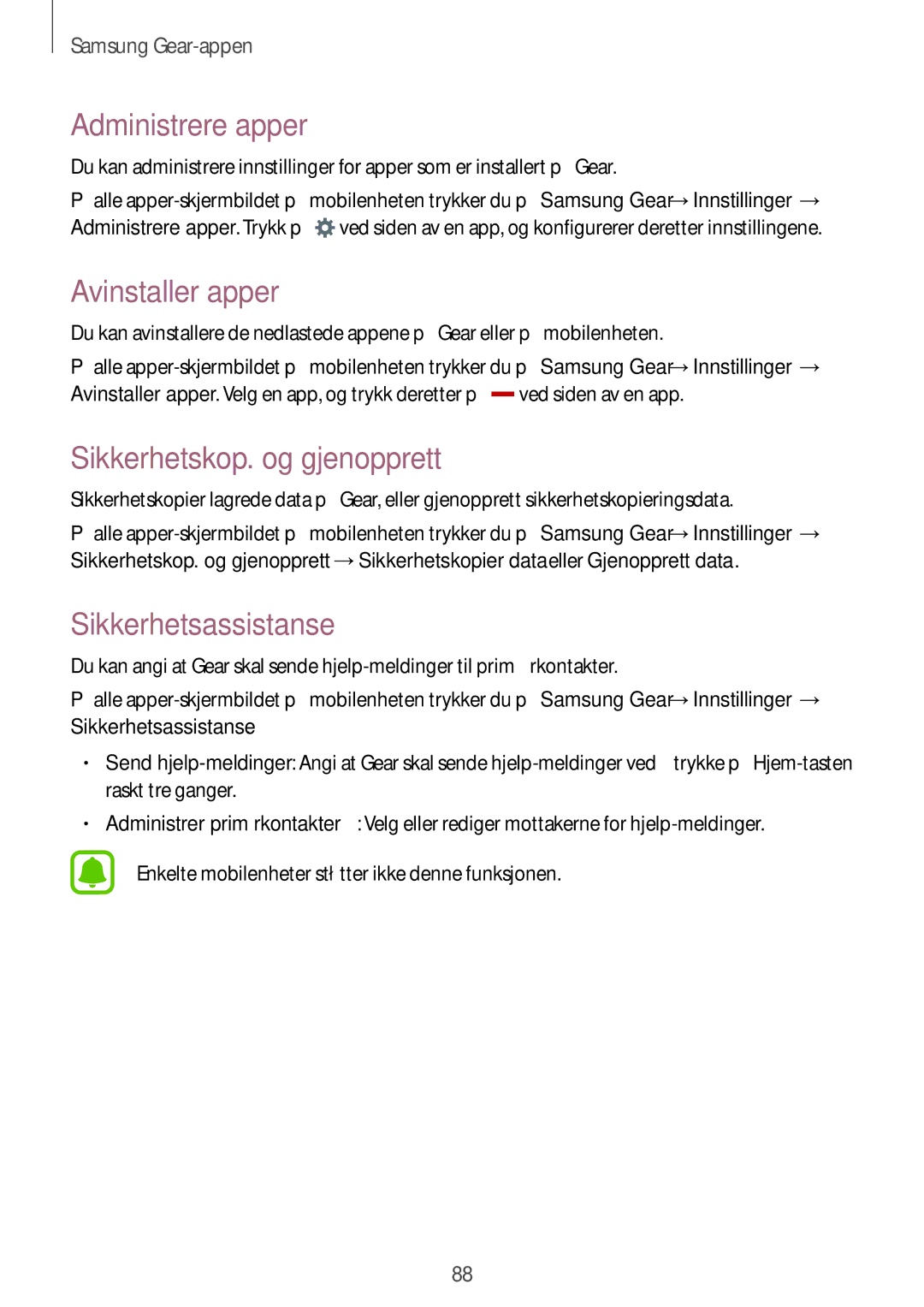 Samsung SM-R7500ZWANEE manual Administrere apper, Avinstaller apper, Sikkerhetskop. og gjenopprett, Sikkerhetsassistanse 
