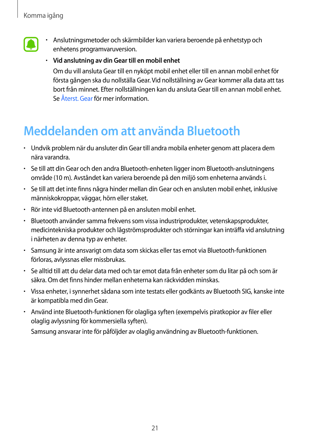 Samsung SM-R7500ZWBNEE manual Meddelanden om att använda Bluetooth, Vid anslutning av din Gear till en mobil enhet 