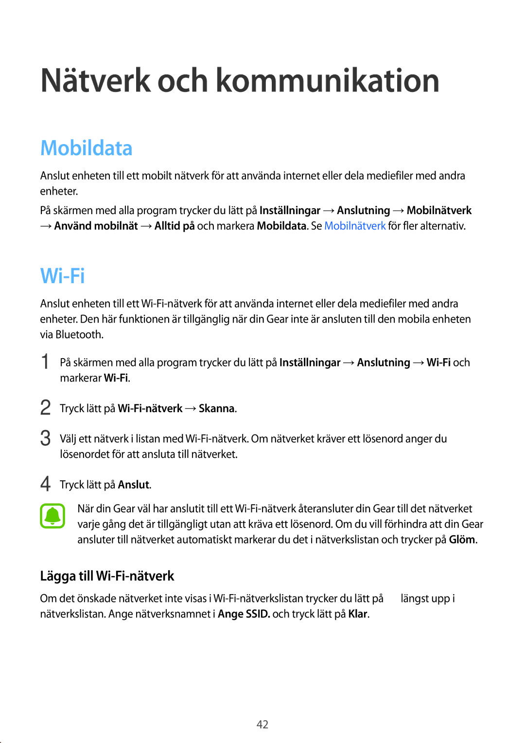 Samsung SM-R7500ZKANEE, SM-R7500ZWANEE, SM-R7500ZWBNEE Nätverk och kommunikation, Mobildata, Lägga till Wi-Fi-nätverk 