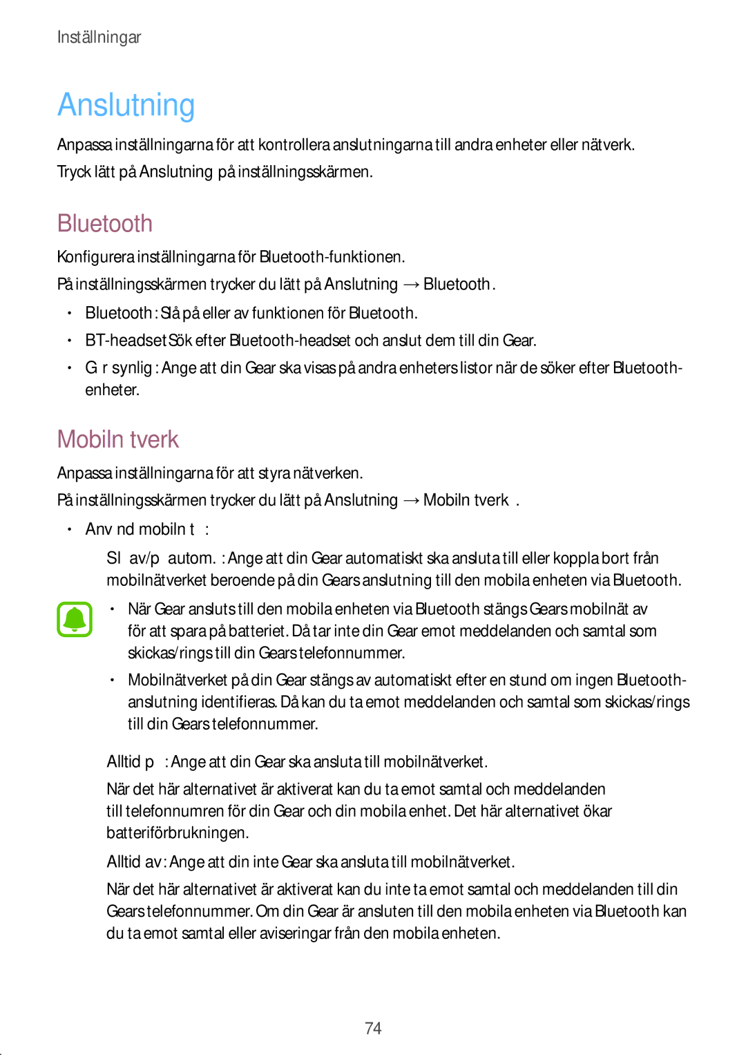 Samsung SM-R7500ZKANEE, SM-R7500ZWANEE, SM-R7500ZWBNEE, SM-R7500ZKBNEE Anslutning, Bluetooth, Mobilnätverk, Använd mobilnät 