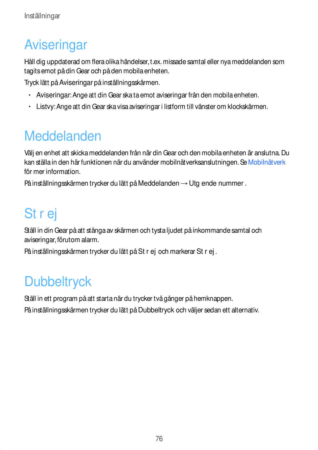 Samsung SM-R7500ZWANEE, SM-R7500ZWBNEE, SM-R7500ZKANEE, SM-R7500ZKBNEE manual Aviseringar, Stör ej, Dubbeltryck 