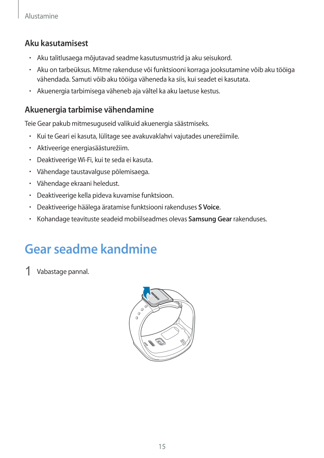 Samsung SM-R7500ZKASEB, SM-R7500ZWASEB manual Gear seadme kandmine, Aku kasutamisest, Akuenergia tarbimise vähendamine 