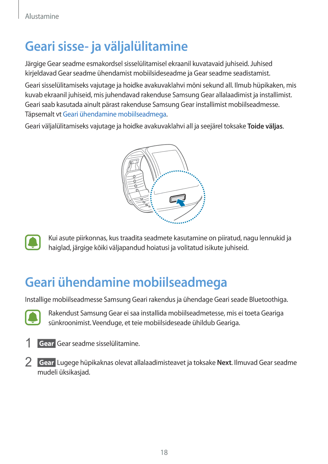 Samsung SM-R7500ZWASEB, SM-R7500ZKASEB manual Geari sisse- ja väljalülitamine, Geari ühendamine mobiilseadmega 