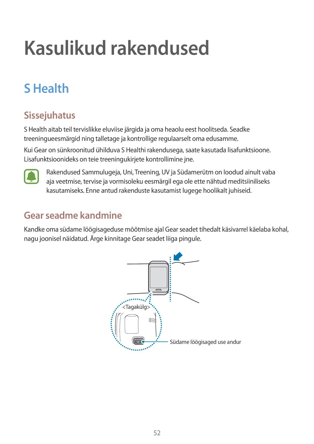 Samsung SM-R7500ZWASEB, SM-R7500ZKASEB manual Kasulikud rakendused, Health, Gear seadme kandmine 