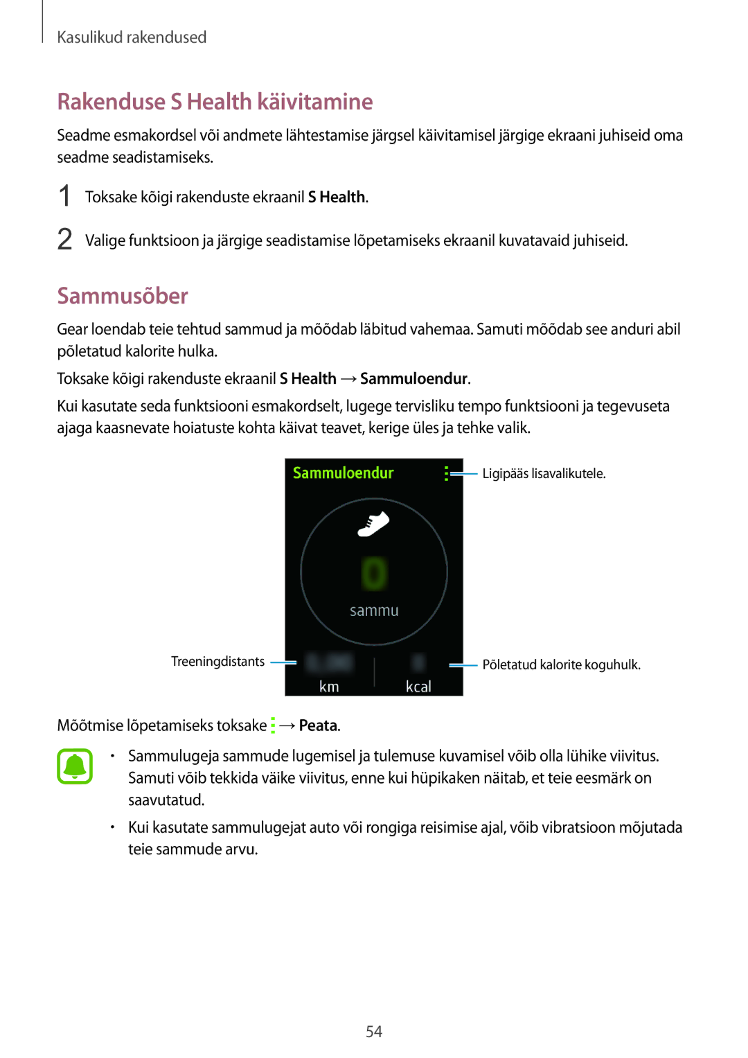 Samsung SM-R7500ZWASEB, SM-R7500ZKASEB manual Rakenduse S Health käivitamine, Sammusõber 