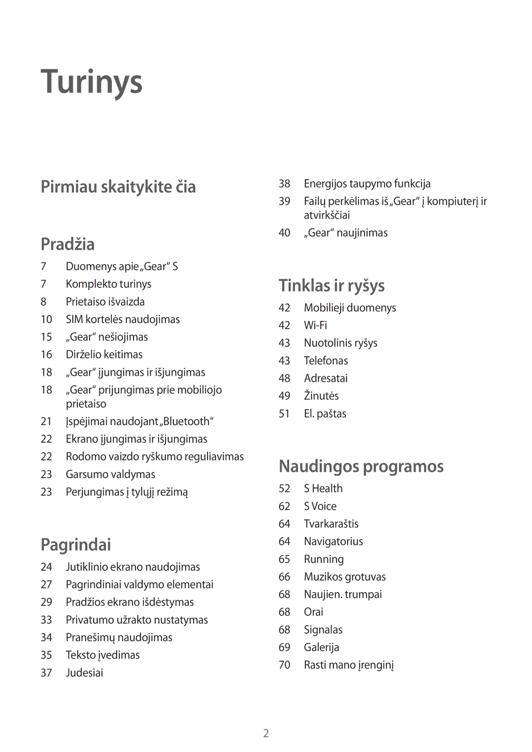 Samsung SM-R7500ZWASEB, SM-R7500ZKASEB manual Turinys, Pirmiau skaitykite čia Pradžia 