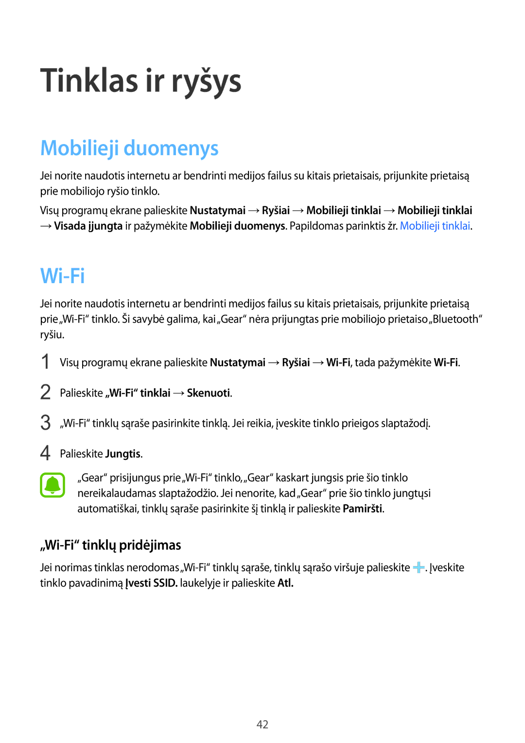 Samsung SM-R7500ZWASEB, SM-R7500ZKASEB manual Tinklas ir ryšys, Mobilieji duomenys, „Wi-Fi tinklų pridėjimas 