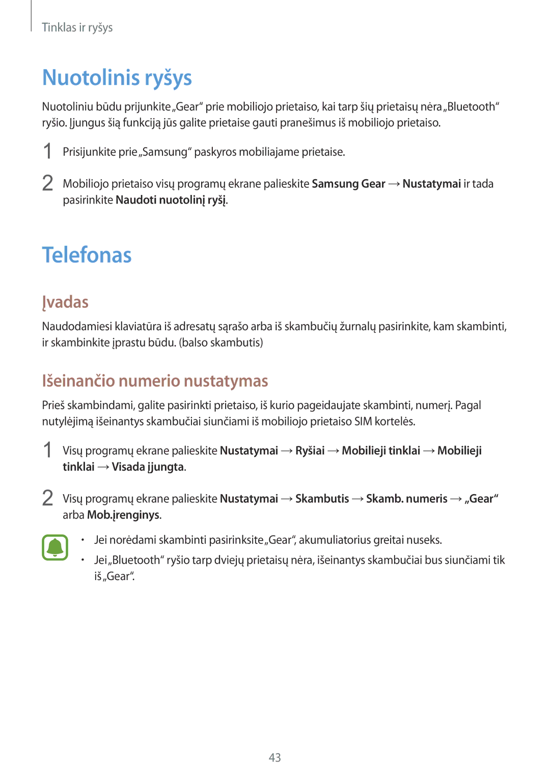 Samsung SM-R7500ZKASEB, SM-R7500ZWASEB manual Nuotolinis ryšys, Telefonas, Įvadas, Išeinančio numerio nustatymas 