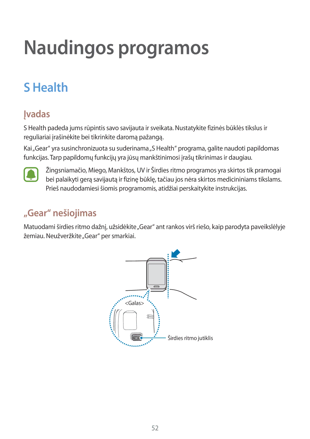 Samsung SM-R7500ZWASEB, SM-R7500ZKASEB manual Naudingos programos, Health, „Gear nešiojimas 