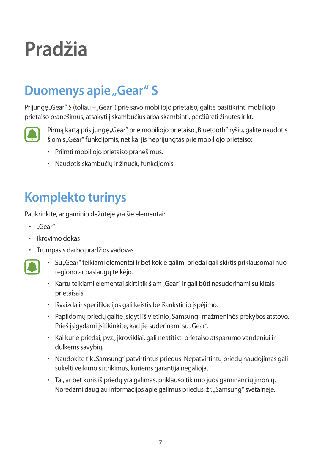 Samsung SM-R7500ZKASEB, SM-R7500ZWASEB manual Pradžia, Duomenys apie„Gear S, Komplekto turinys 