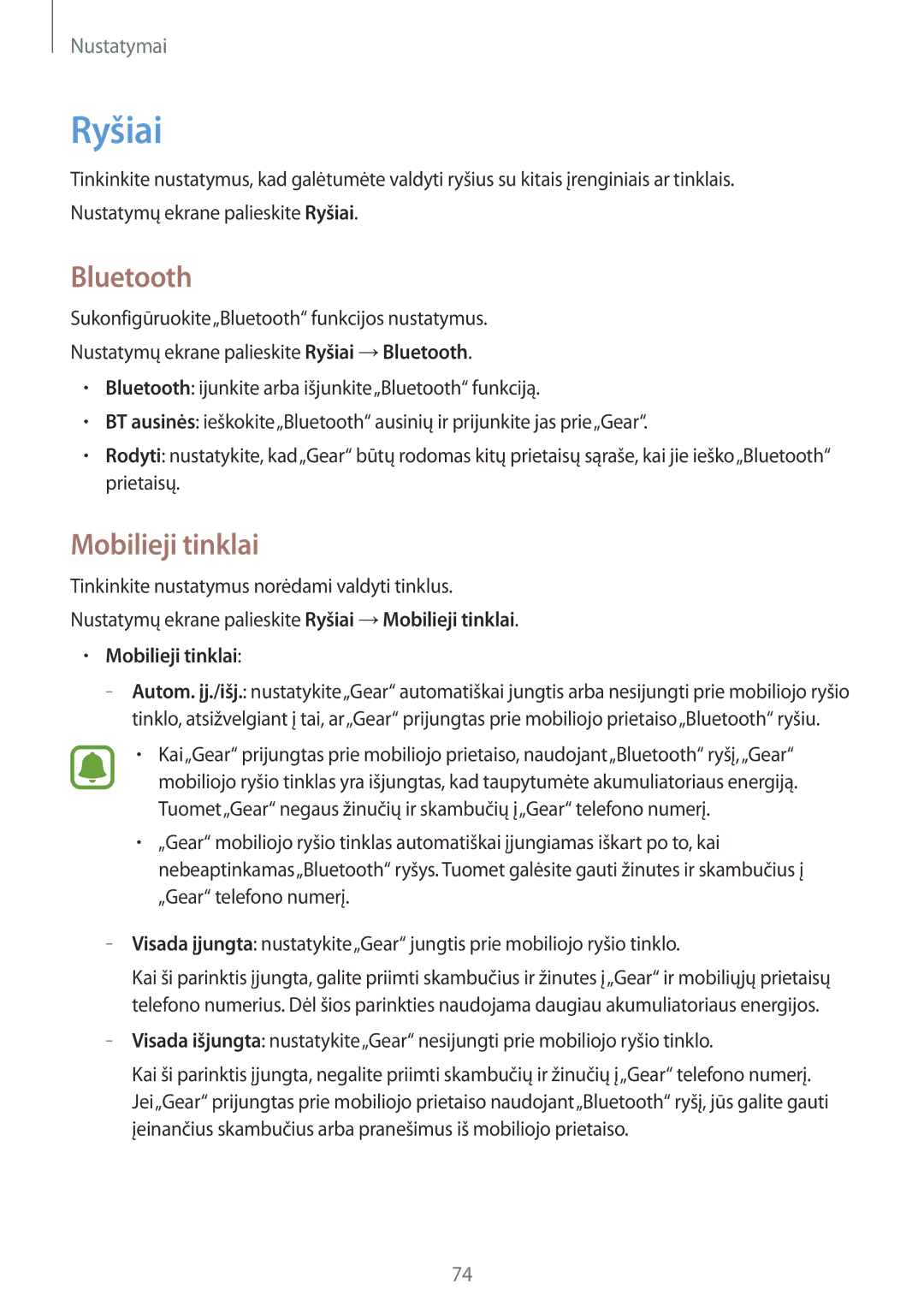 Samsung SM-R7500ZWASEB, SM-R7500ZKASEB manual Ryšiai, Bluetooth, Mobilieji tinklai 