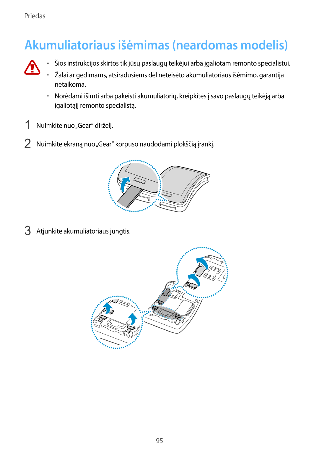 Samsung SM-R7500ZKASEB, SM-R7500ZWASEB manual Akumuliatoriaus išėmimas neardomas modelis 