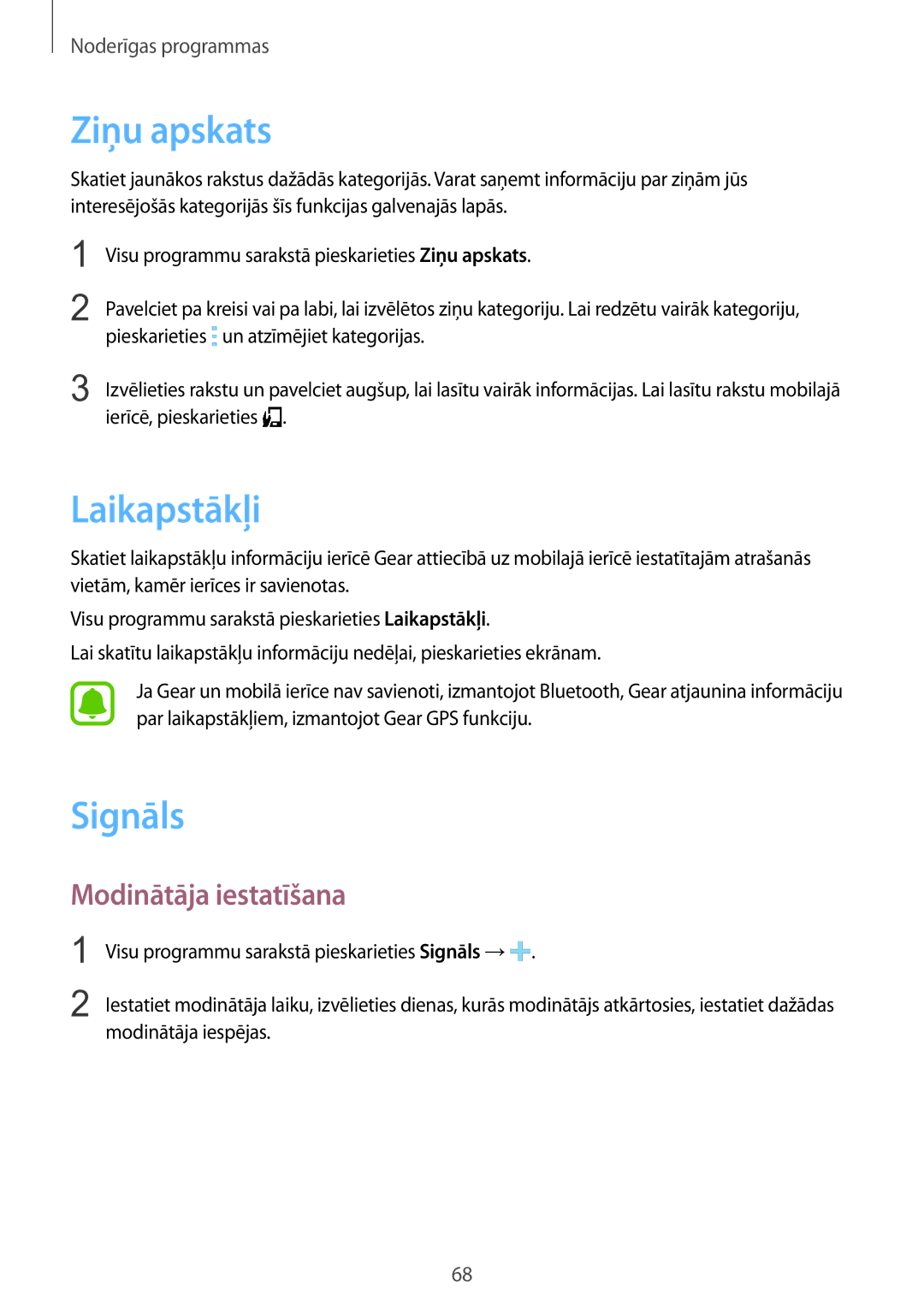 Samsung SM-R7500ZWASEB, SM-R7500ZKASEB manual Ziņu apskats, Laikapstākļi, Signāls, Modinātāja iestatīšana 