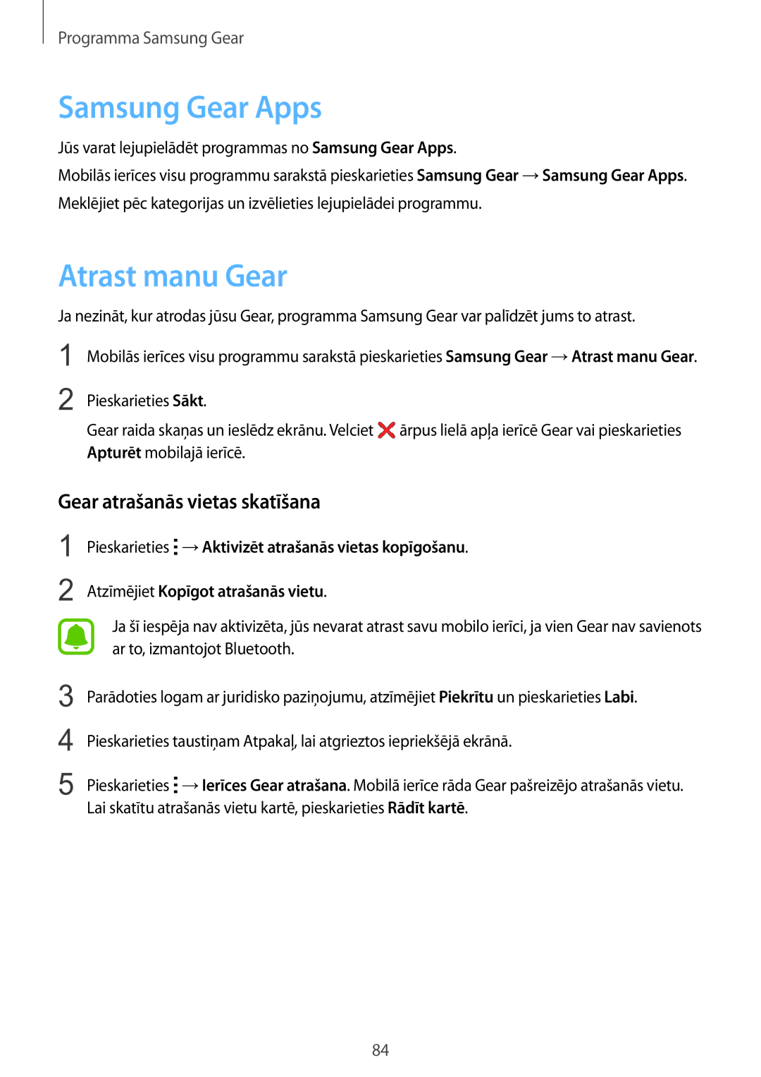 Samsung SM-R7500ZWASEB, SM-R7500ZKASEB manual Samsung Gear Apps, Atrast manu Gear, Gear atrašanās vietas skatīšana 