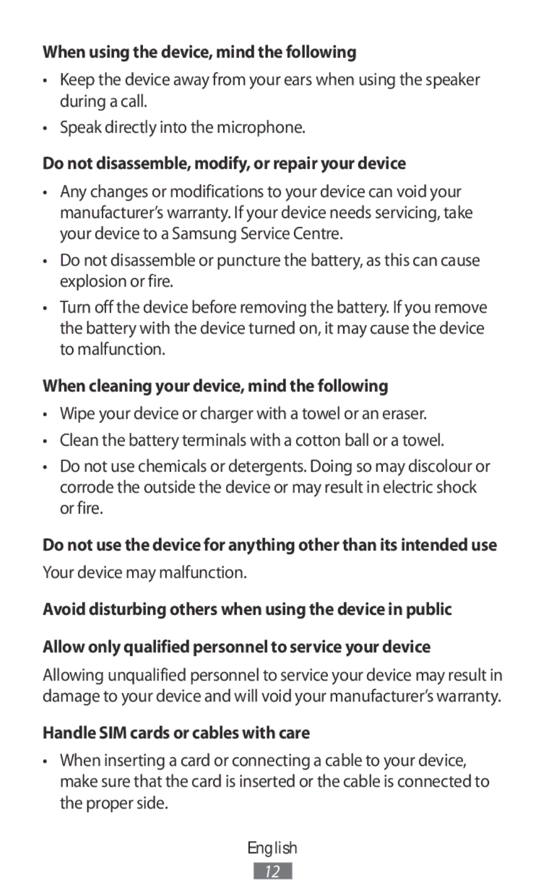 Samsung SM-R7500ZWAITV manual When using the device, mind the following, Do not disassemble, modify, or repair your device 