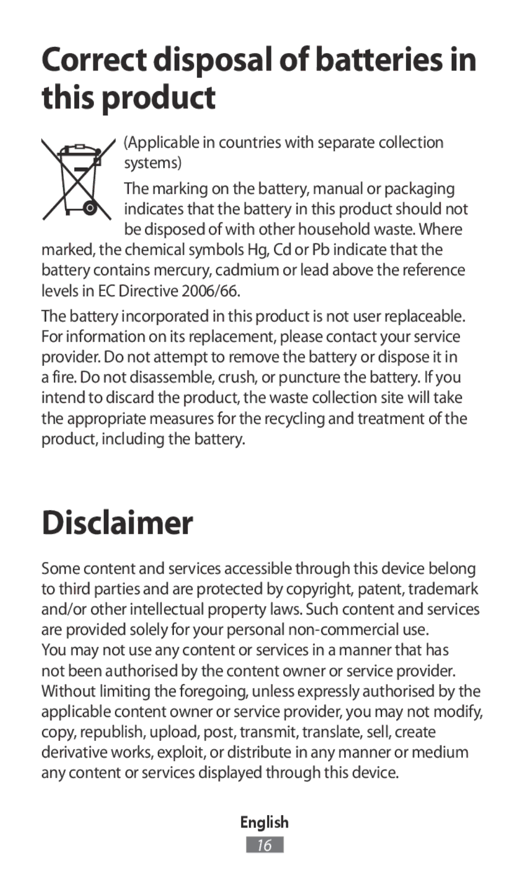 Samsung SM-R7500ZKAPHE, SM-R7500ZWASEB, SM-R7500ZKATPH, SM-R7500ZWADBT manual Correct disposal of batteries in this product 