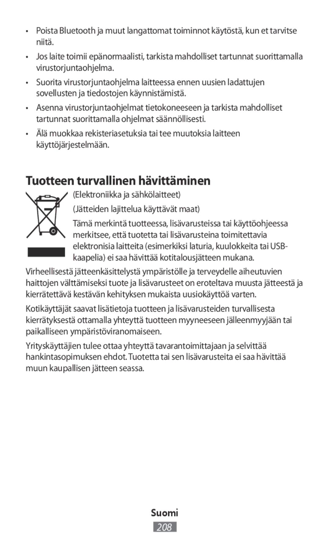 Samsung SM-R7500ZWAITV, SM-R7500ZWASEB, SM-R7500ZKATPH, SM-R7500ZWADBT, SM-R7500ZKADBT manual Tuotteen turvallinen hävittäminen 