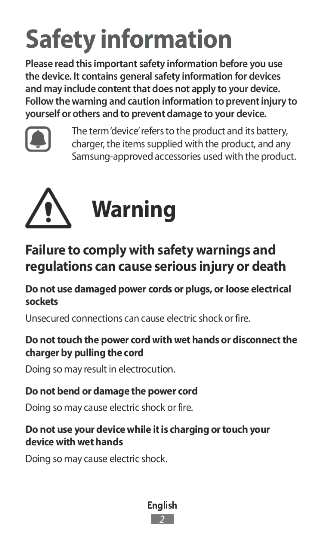 Samsung SM-R7500ZKADBT, SM-R7500ZWASEB, SM-R7500ZKATPH, SM-R7500ZWADBT manual Do not bend or damage the power cord, English 