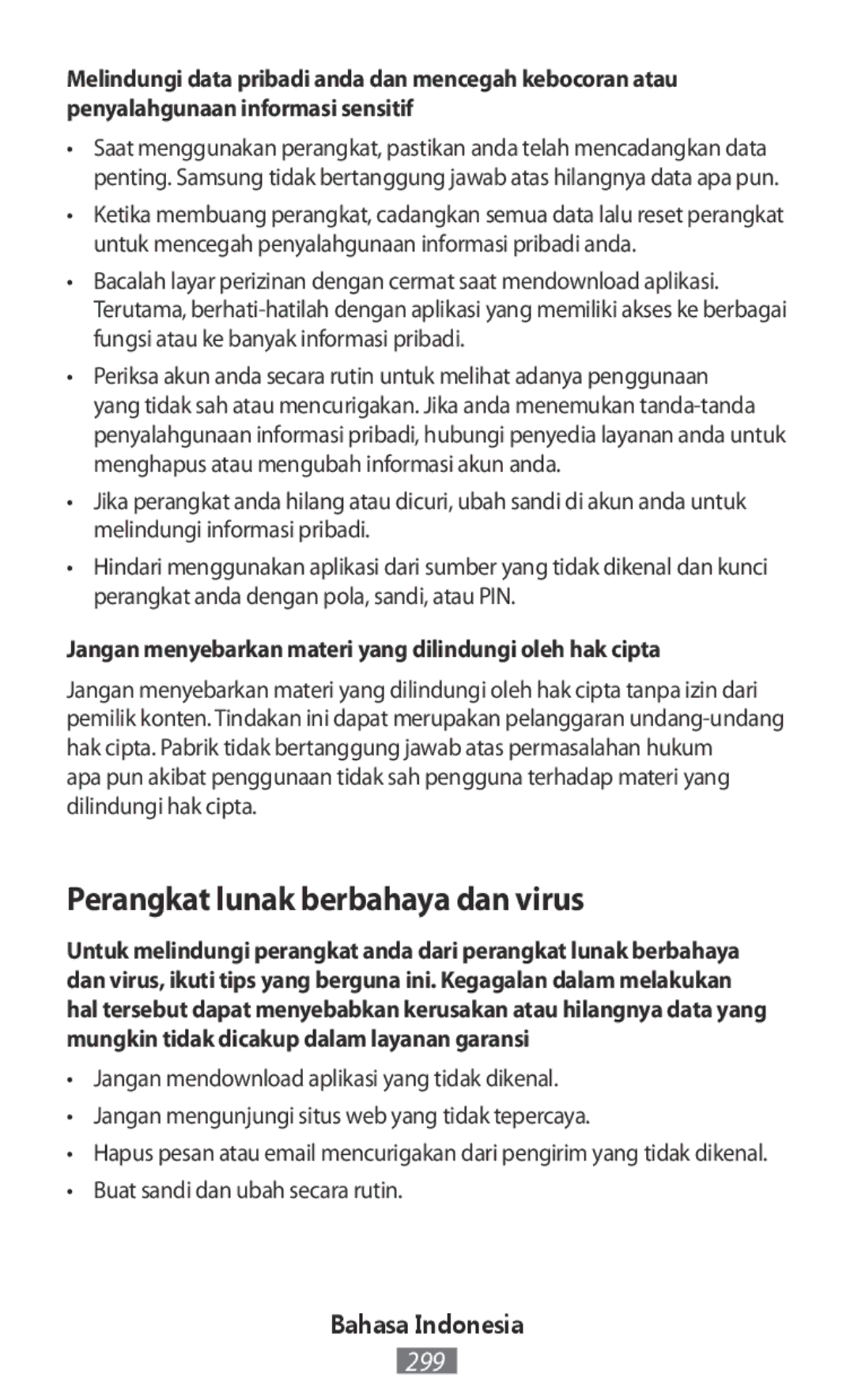 Samsung SM-R7500ZWATUR manual Perangkat lunak berbahaya dan virus, Jangan menyebarkan materi yang dilindungi oleh hak cipta 