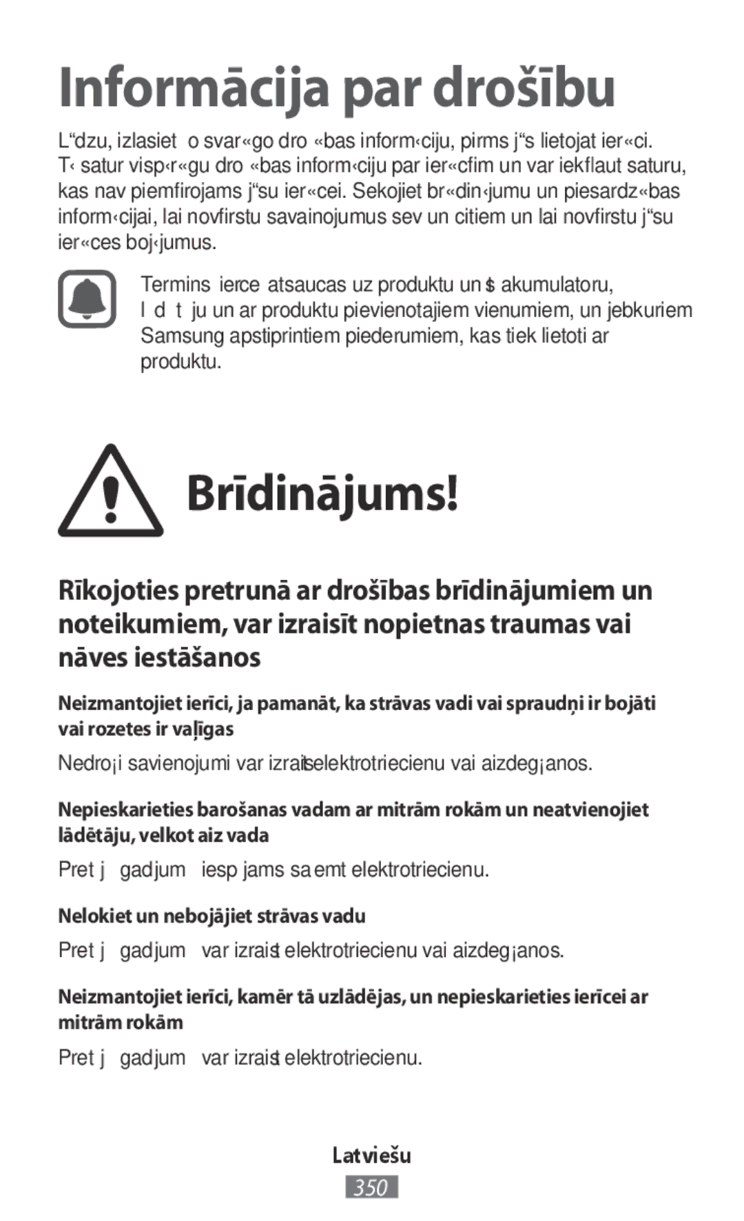 Samsung SM-R7500ZKATUR, SM-R7500ZWASEB manual Brīdinājums, Pretējā gadījumā iespējams saņemt elektrotriecienu, Latviešu 