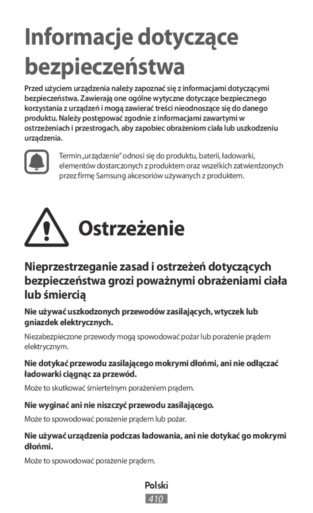 Samsung SM-R7500ZWAATO, SM-R7500ZWASEB manual Ostrzeżenie, Nie wyginać ani nie niszczyć przewodu zasilającego, Polski 