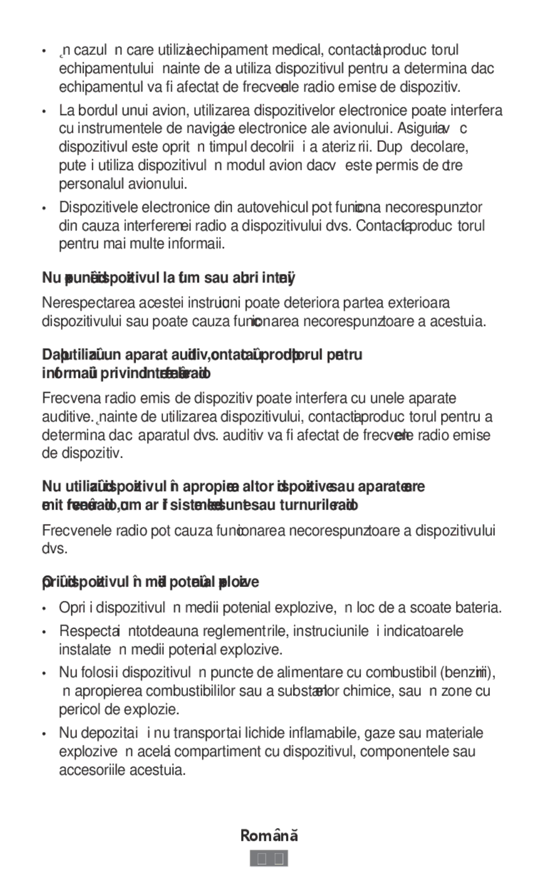 Samsung SM-R7500ZKAATO Nu expuneţi dispozitivul la fum sau aburi intenşi, Opriţi dispozitivul în medii potenţial explozive 