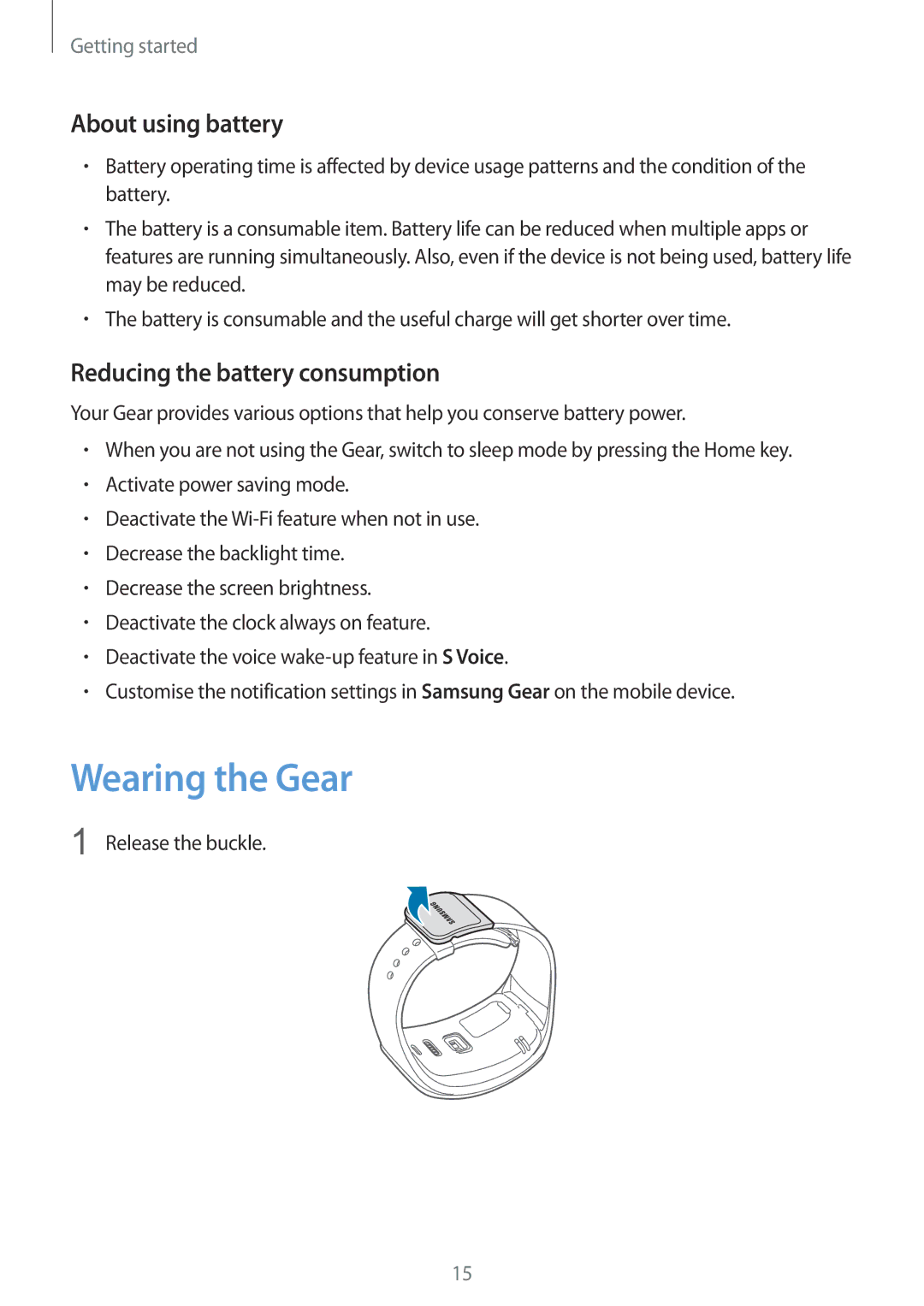 Samsung SM-R7500ZWAPHE manual Wearing the Gear, About using battery, Reducing the battery consumption, Release the buckle 