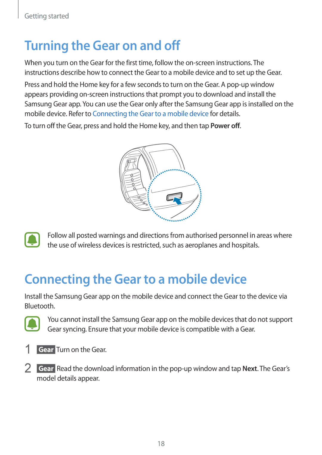 Samsung SM-R7500ZKRPHE manual Turning the Gear on and off, Connecting the Gear to a mobile device, Turn on the Gear 