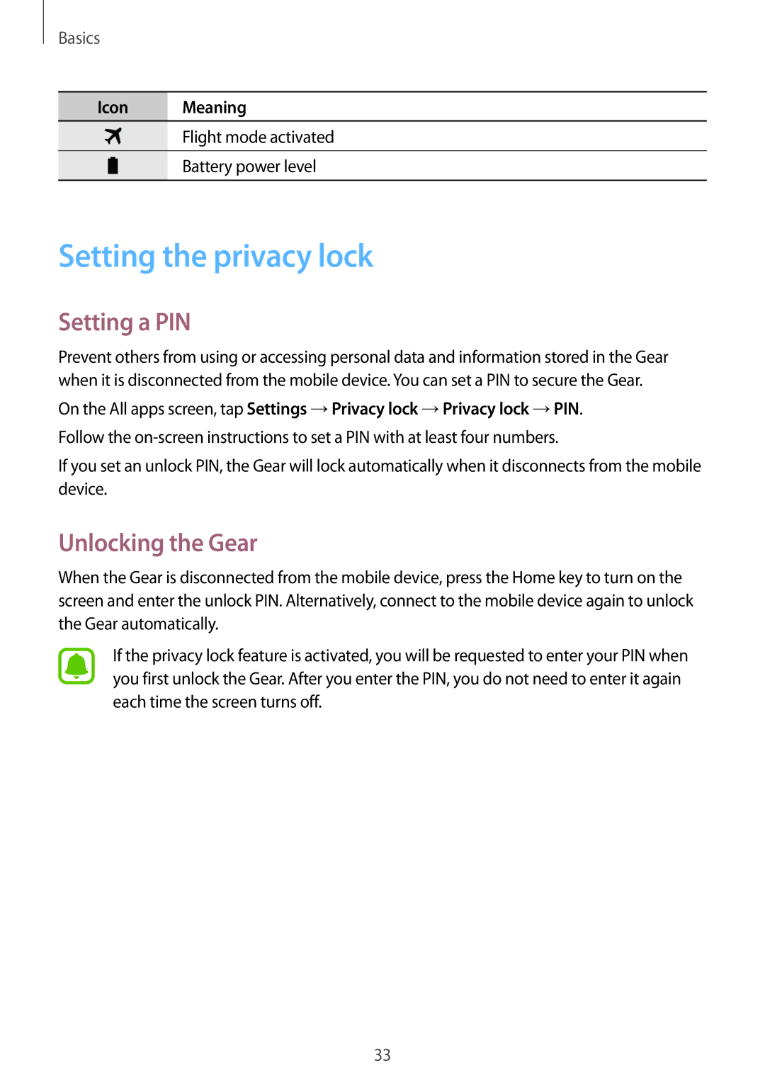 Samsung SM-R7500ZKAXEZ, SM-R7500ZWASEB, SM-R7500ZKATPH manual Setting the privacy lock, Setting a PIN, Unlocking the Gear 