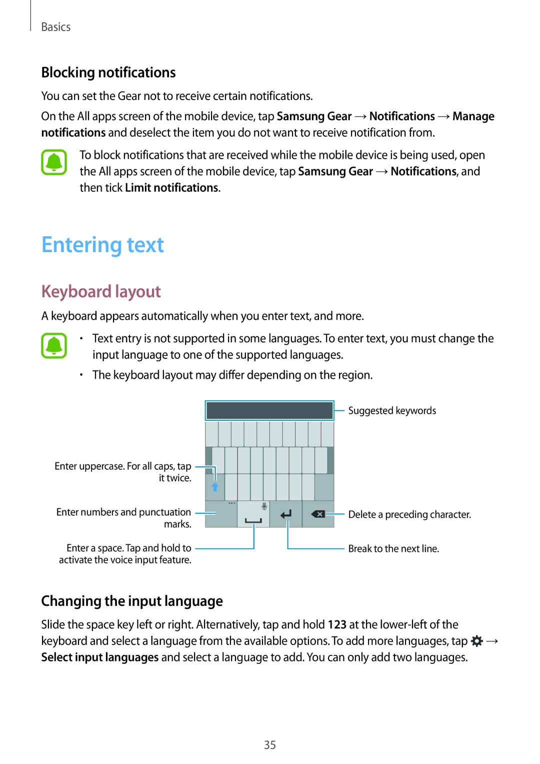 Samsung SM-R7500ZWAXEZ, SM-R7500ZWASEB Entering text, Keyboard layout, Blocking notifications, Changing the input language 