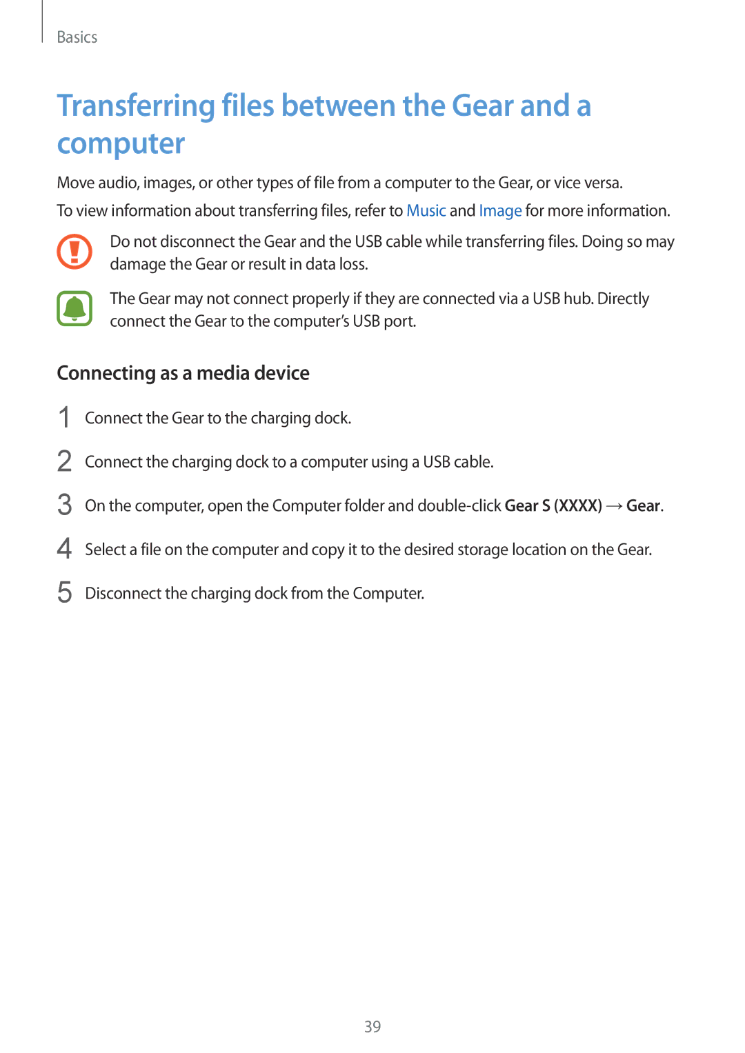 Samsung SM-R7500ZWBNEE, SM-R7500ZWASEB Transferring files between the Gear and a computer, Connecting as a media device 