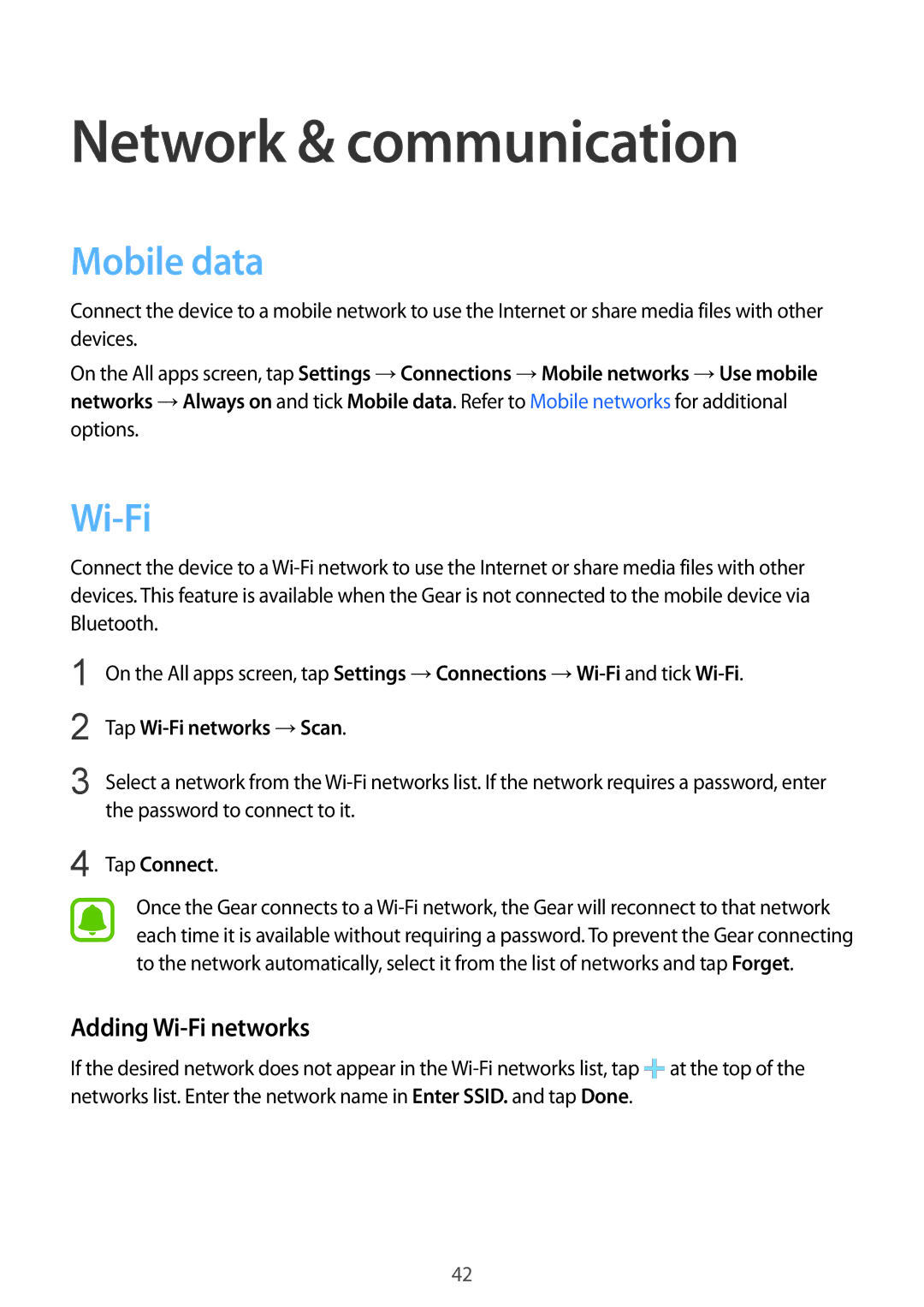 Samsung SM-R7500ZKAEUR, SM-R7500ZWASEB, SM-R7500ZKATPH manual Network & communication, Mobile data, Adding Wi-Fi networks 