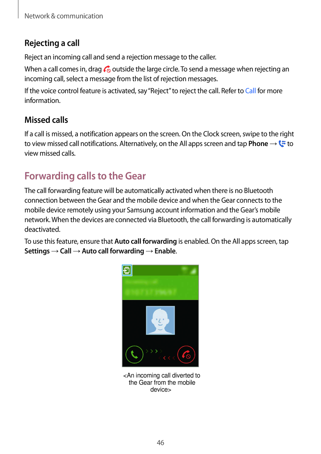 Samsung SM-R7500ZKASER, SM-R7500ZWASEB, SM-R7500ZKATPH manual Forwarding calls to the Gear, Rejecting a call, Missed calls 