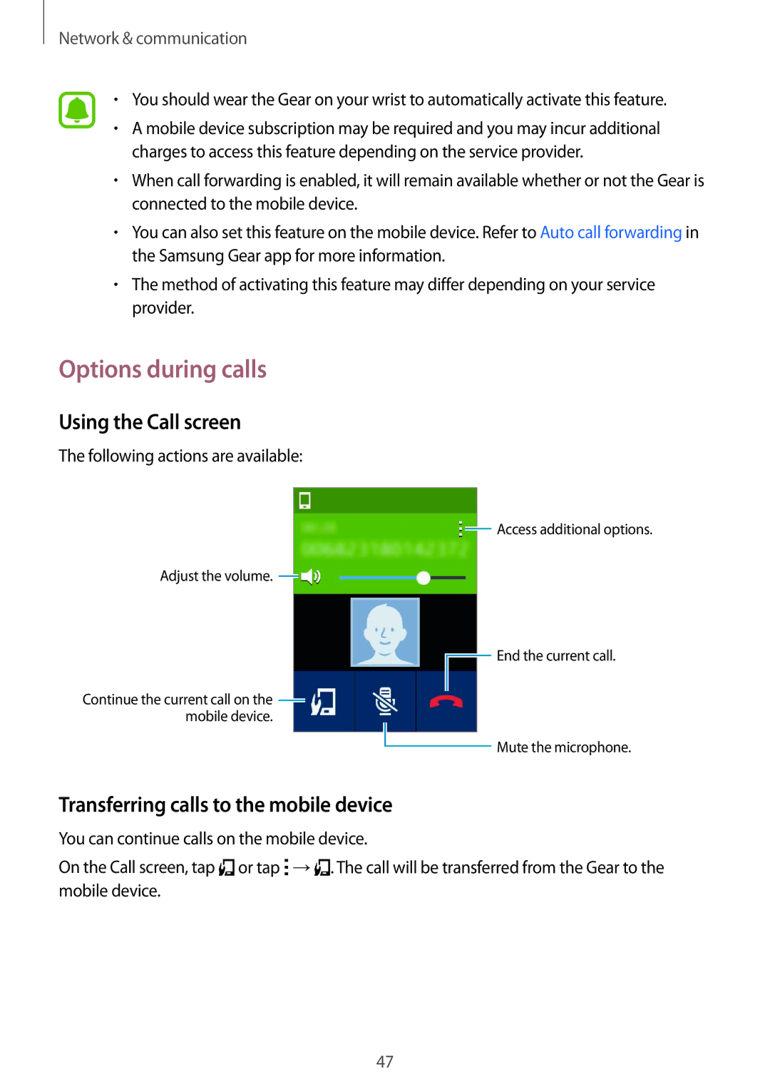 Samsung SM-R7500ZWASEB manual Options during calls, Using the Call screen, Transferring calls to the mobile device 