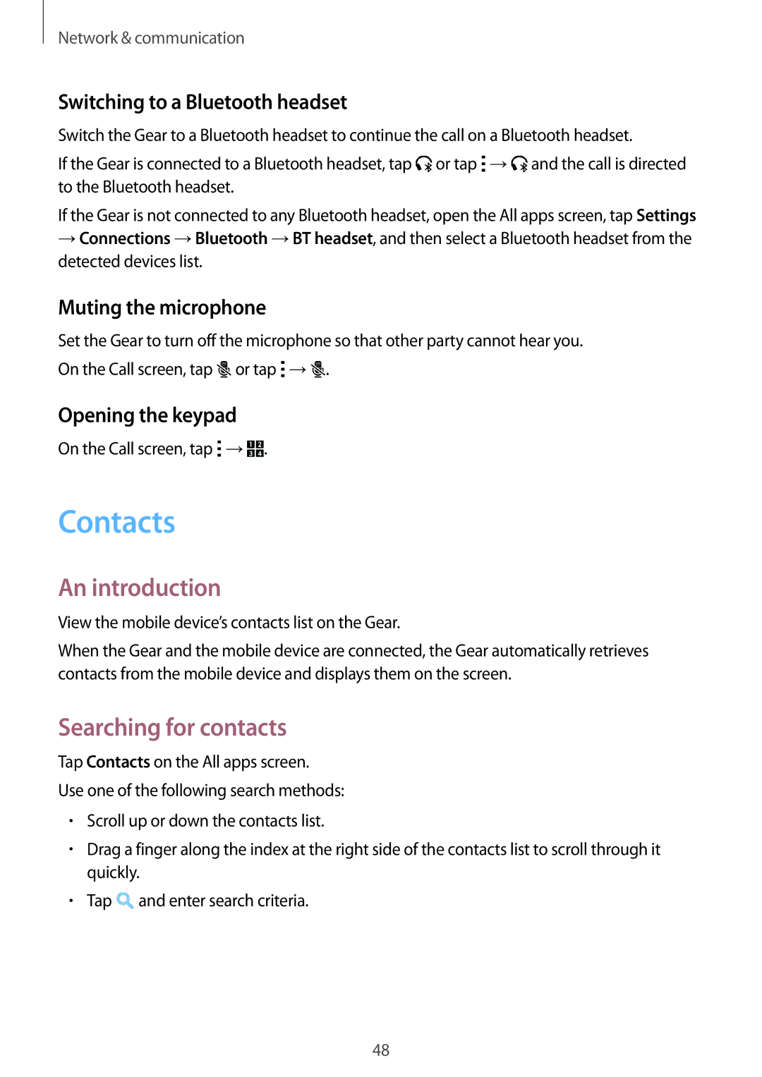Samsung SM-R7500ZKATPH manual Contacts, Searching for contacts, Switching to a Bluetooth headset, Muting the microphone 