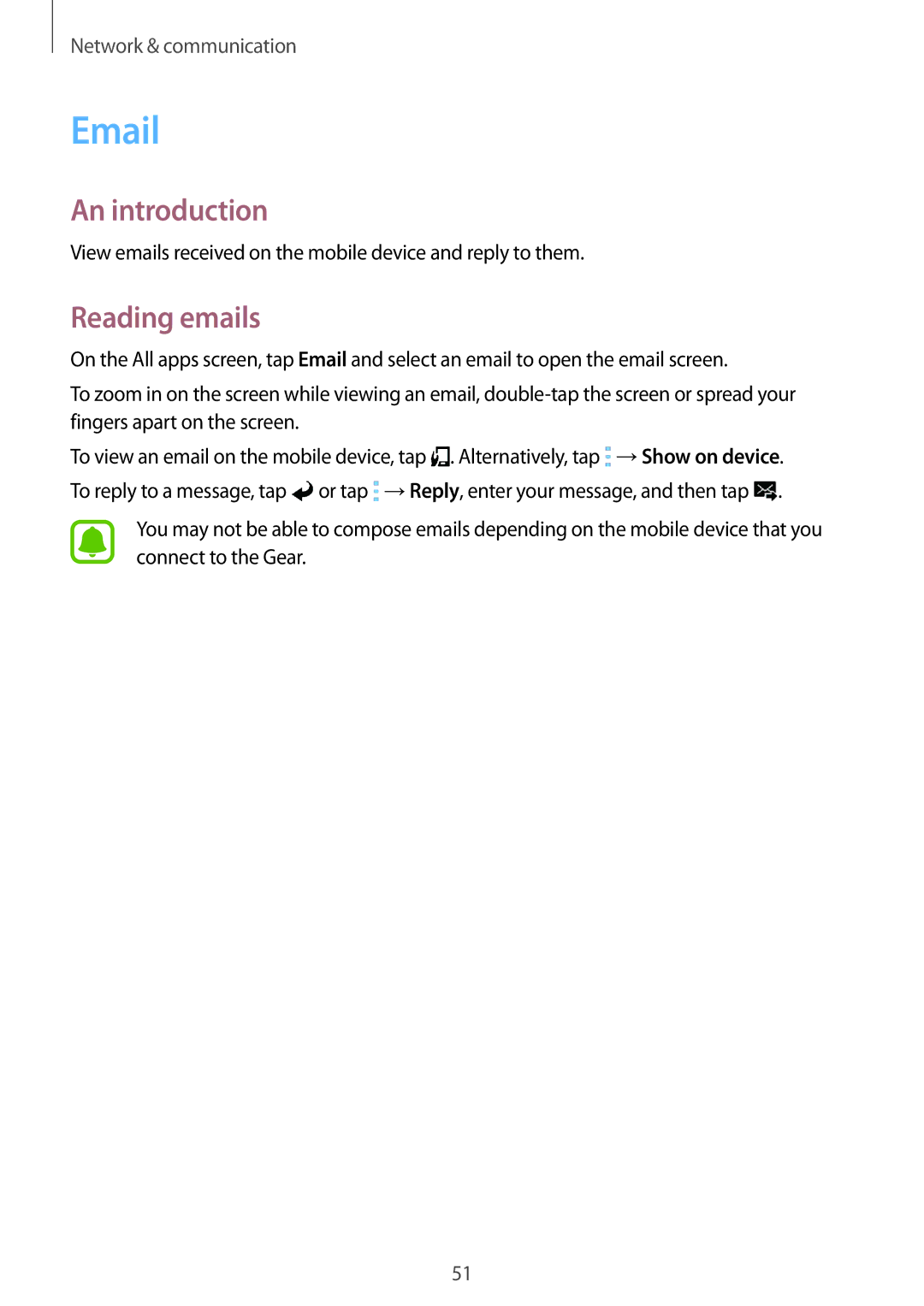 Samsung SM-R7500ZWATPH, SM-R7500ZWASEB manual Reading emails, View emails received on the mobile device and reply to them 