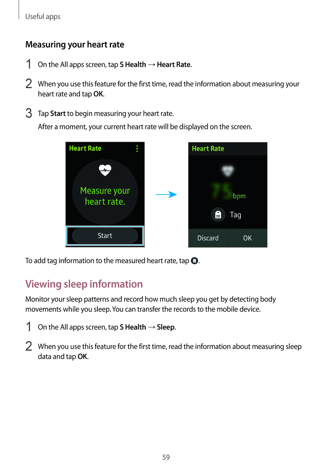 Samsung SM-R7500ZWAXEF, SM-R7500ZWASEB, SM-R7500ZKATPH, SM-R7500ZWADBT Viewing sleep information, Measuring your heart rate 