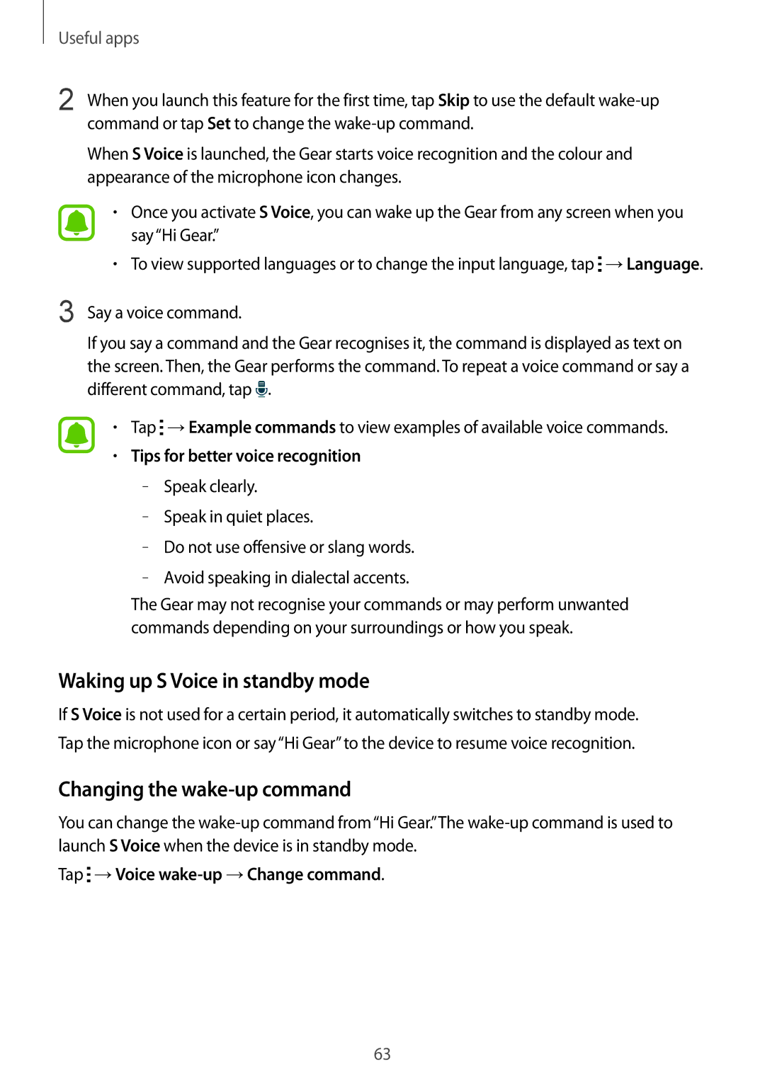 Samsung SM-R7500ZKSPHE Waking up S Voice in standby mode, Changing the wake-up command, Tap →Voice wake-up →Change command 