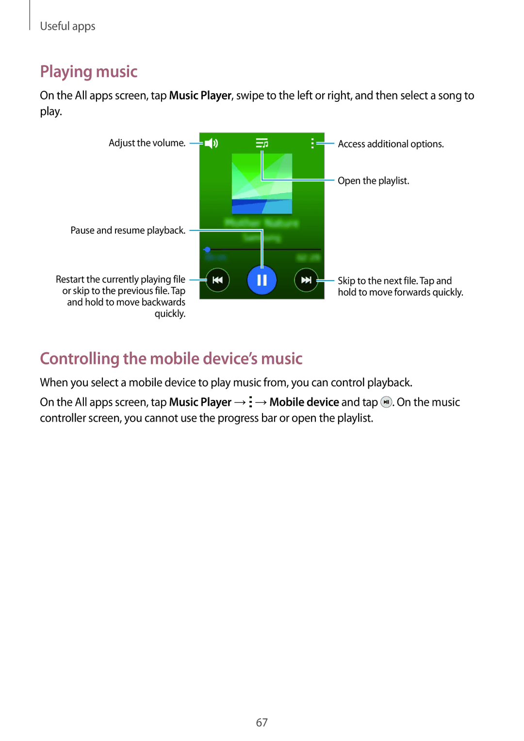 Samsung SM-R7500ZKZPHE, SM-R7500ZWASEB, SM-R7500ZKATPH, SM-R7500ZWADBT Playing music, Controlling the mobile device’s music 