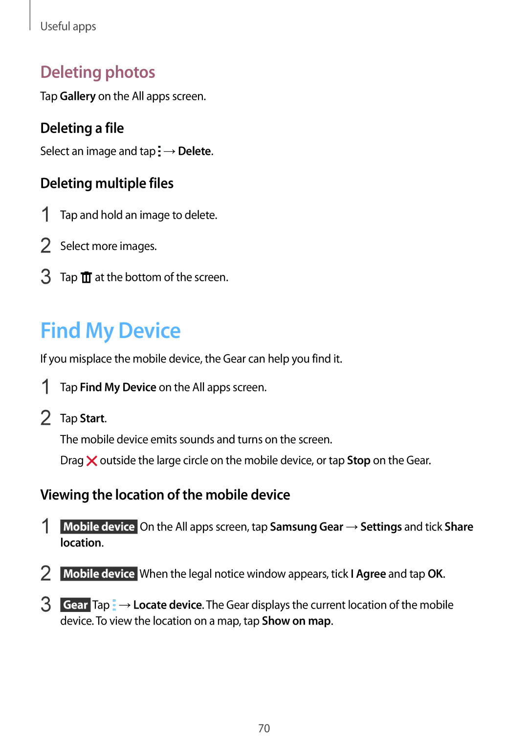 Samsung SM-R7500ZKAXXV, SM-R7500ZWASEB manual Find My Device, Deleting photos, Deleting a file, Deleting multiple files 