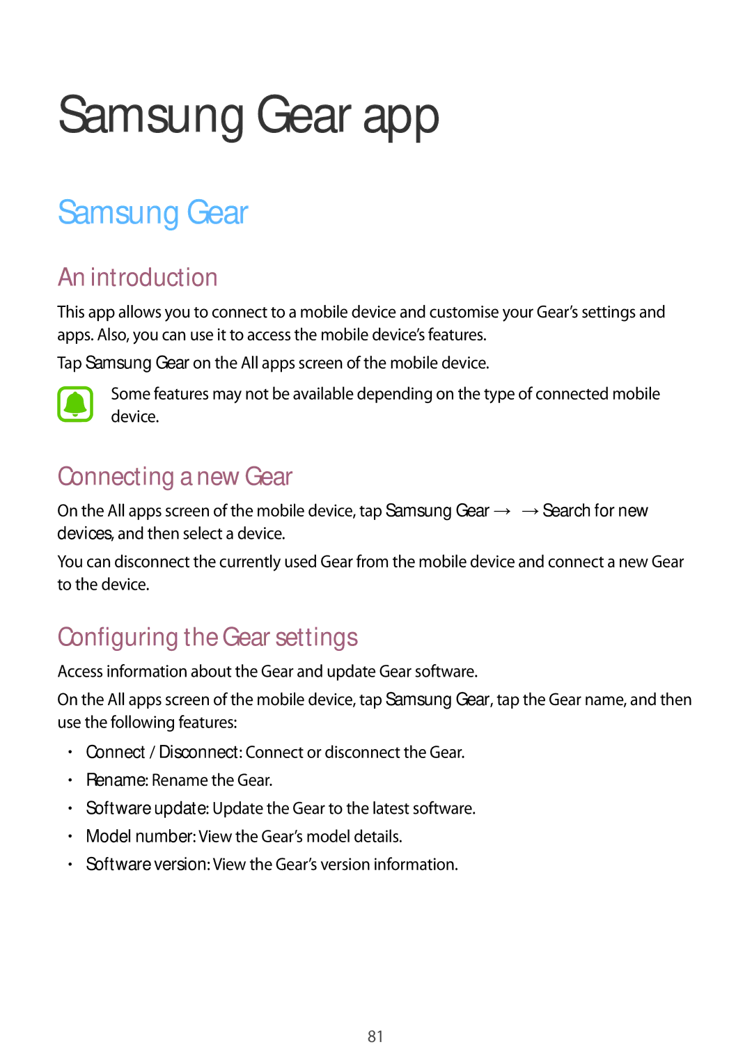 Samsung SM-R7500ZWAXSK, SM-R7500ZWASEB manual Samsung Gear app, Connecting a new Gear, Configuring the Gear settings 