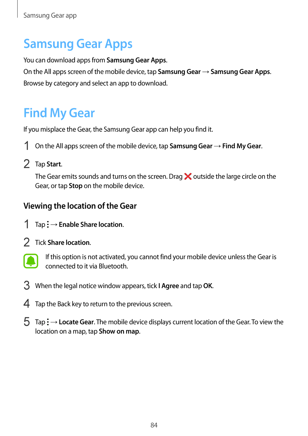 Samsung SM-R7500ZKAXSK, SM-R7500ZWASEB, SM-R7500ZKATPH Samsung Gear Apps, Find My Gear, Viewing the location of the Gear 