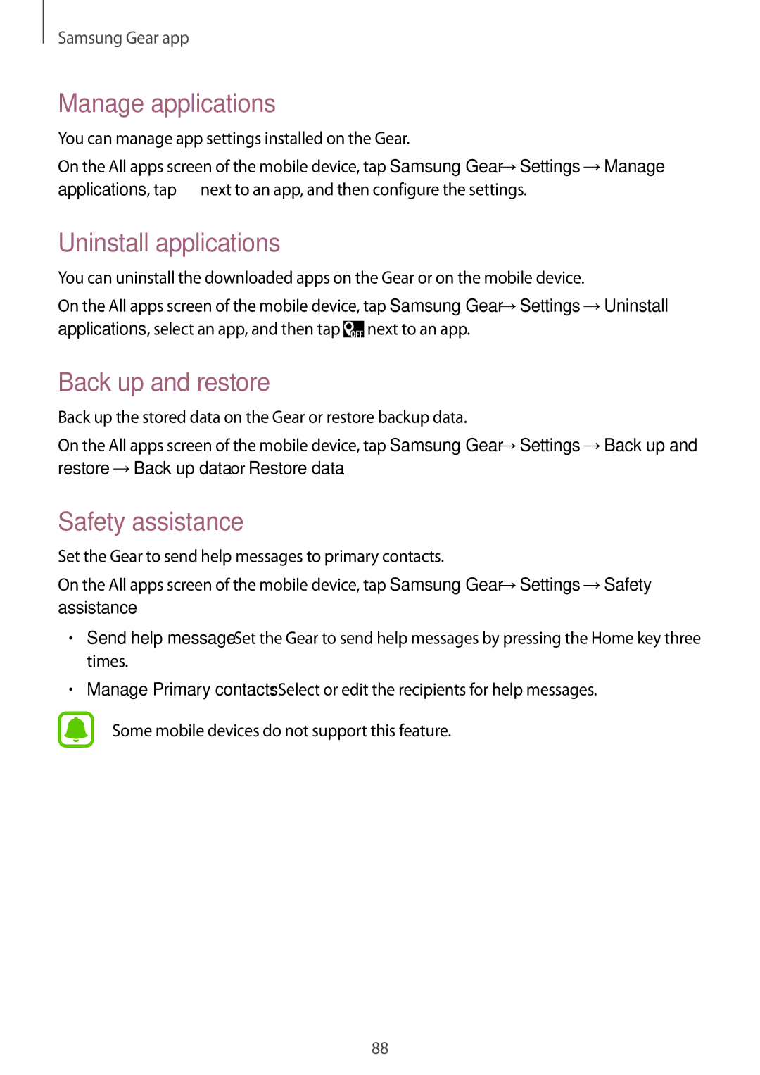 Samsung SM-R7500ZKBNEE, SM-R7500ZWASEB Manage applications, Uninstall applications, Back up and restore, Safety assistance 
