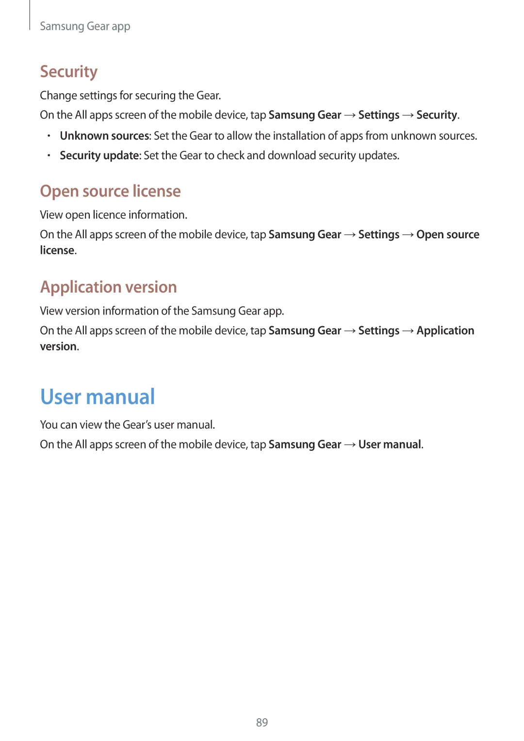 Samsung SM-R7500ZKAEUR manual Security, Open source license, Application version, Change settings for securing the Gear 