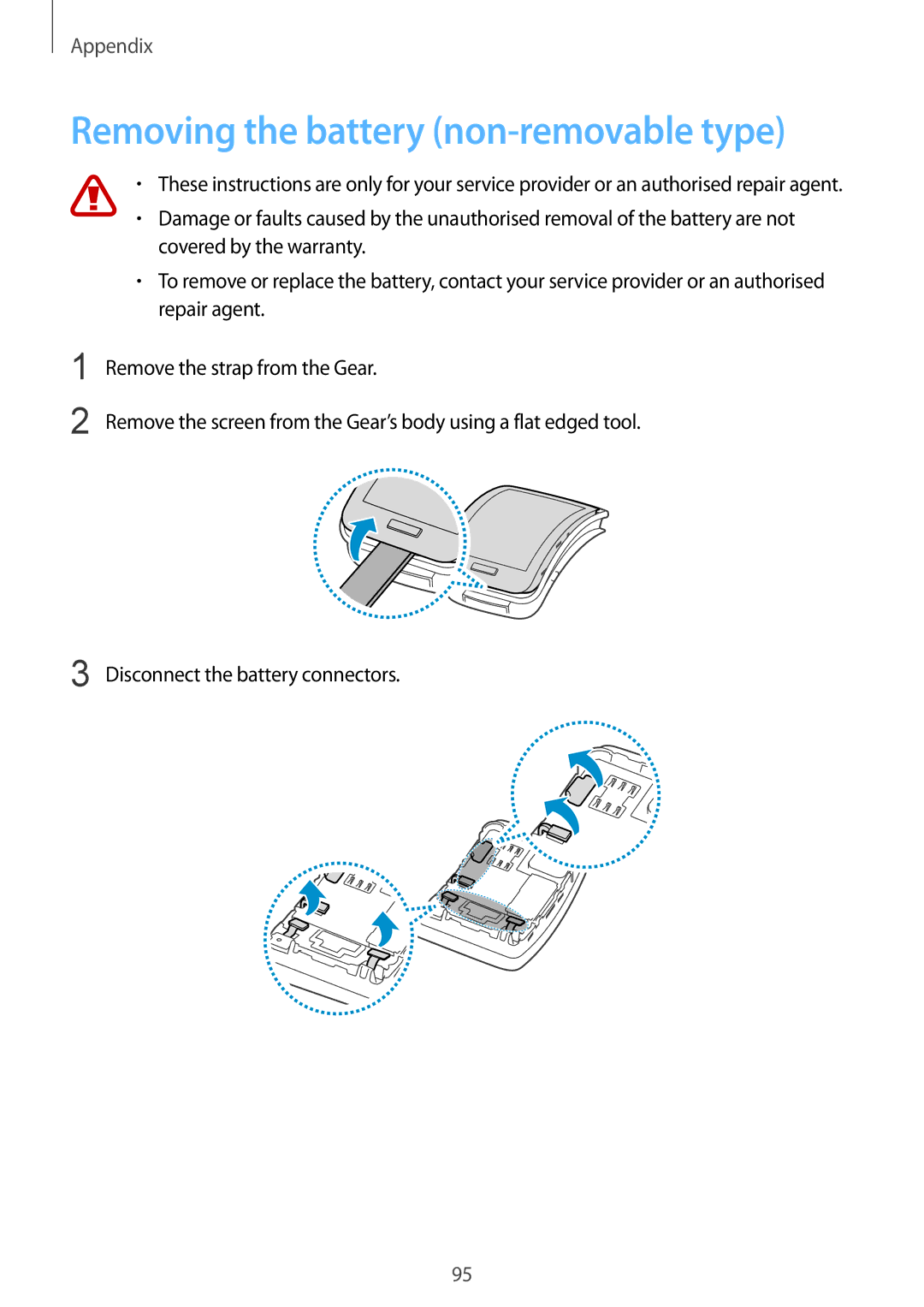 Samsung SM-R7500ZKATPH, SM-R7500ZWASEB, SM-R7500ZWADBT, SM-R7500ZKADBT manual Removing the battery non-removable type 