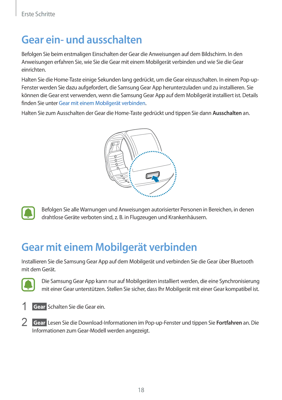 Samsung SM-R7500ZKAATO manual Gear ein- und ausschalten, Gear mit einem Mobilgerät verbinden, Schalten Sie die Gear ein 