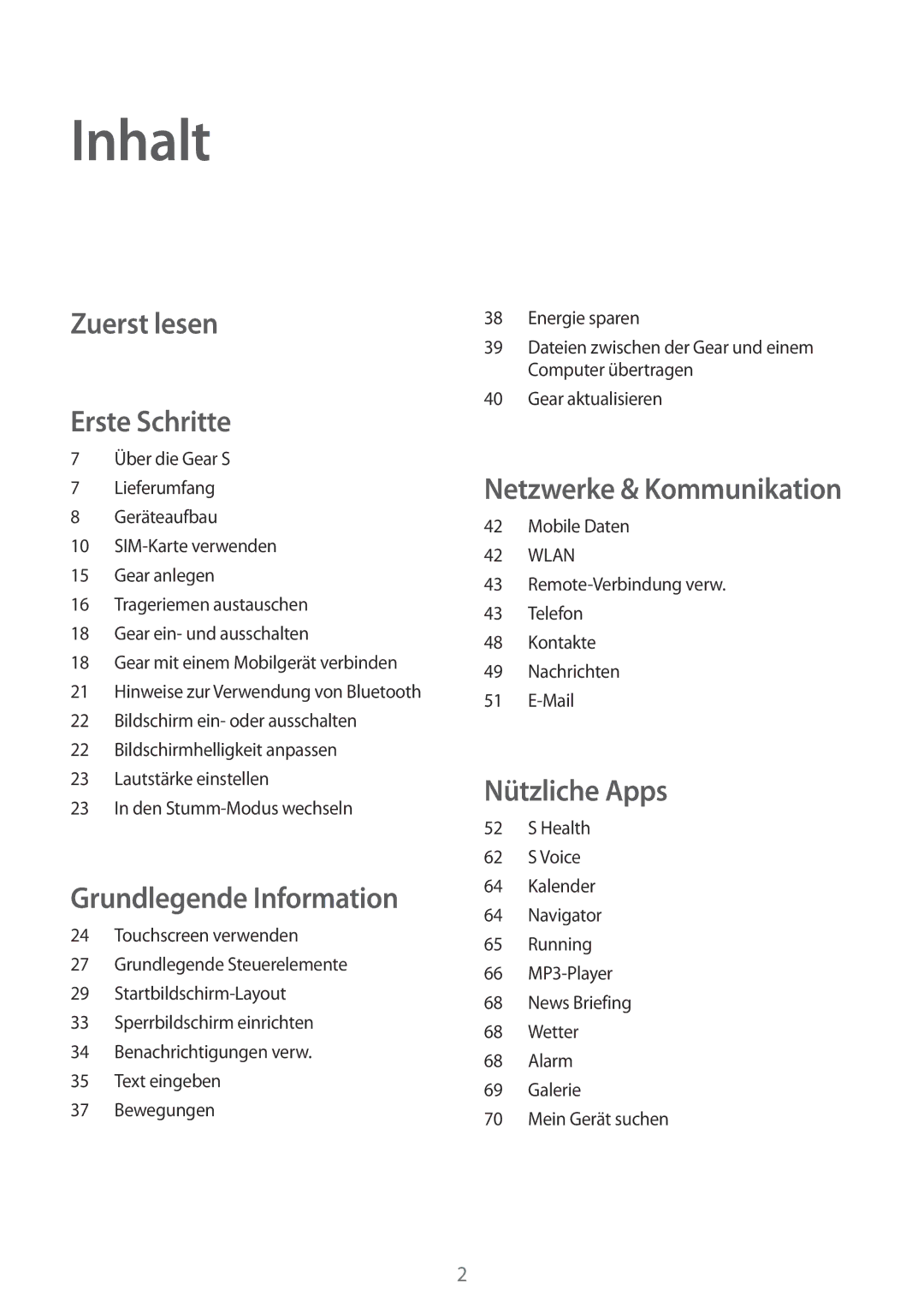 Samsung SM-R7500ZWADBT, SM-R7500ZWASEB manual Inhalt, Mobile Daten, Remote-Verbindung verw Telefon Kontakte Nachrichten Mail 