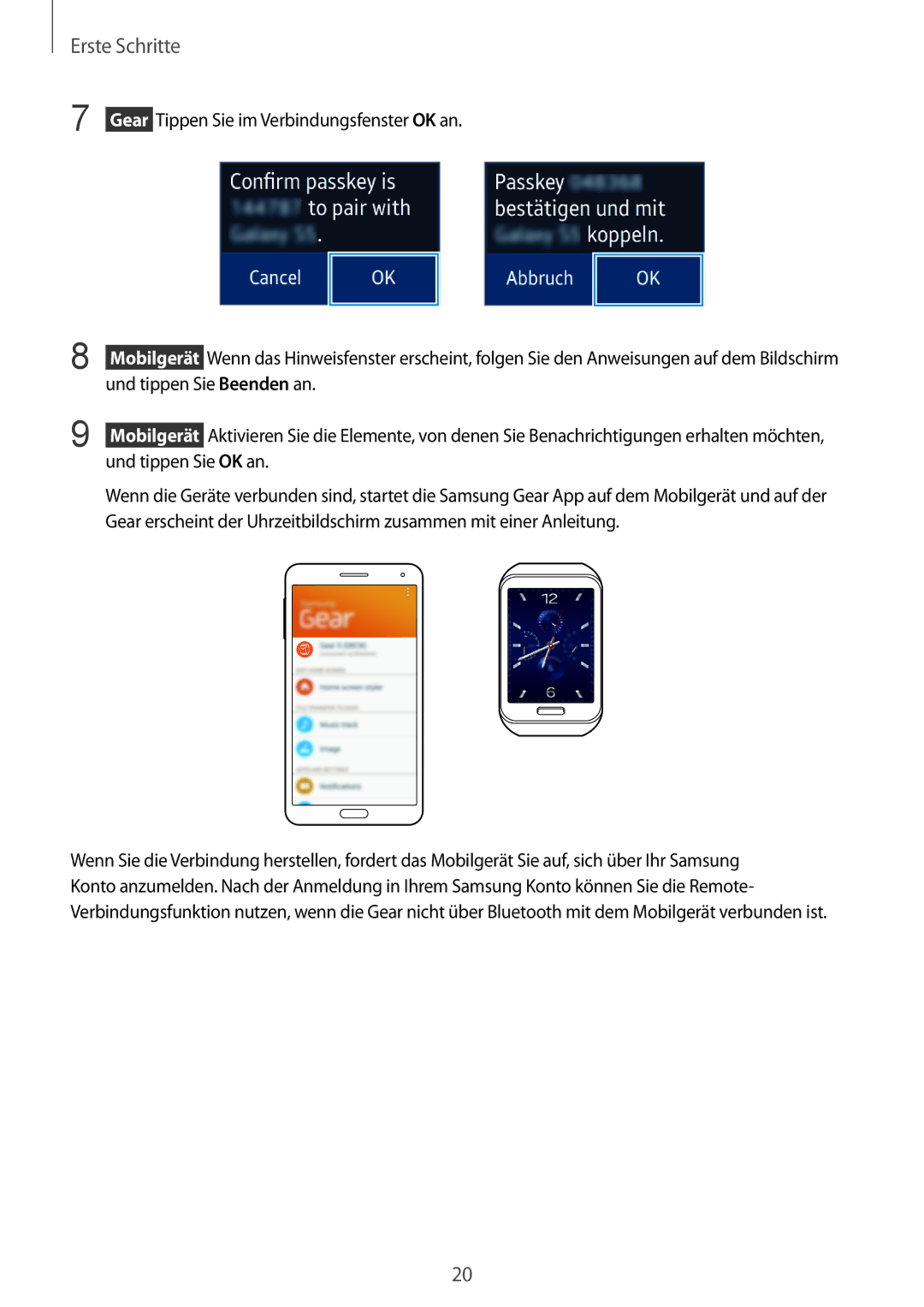 Samsung SM-R7500ZKASEB manual  Gear Tippen Sie im Verbindungsfenster OK an, Und tippen Sie Beenden an, Und tippen Sie OK an 