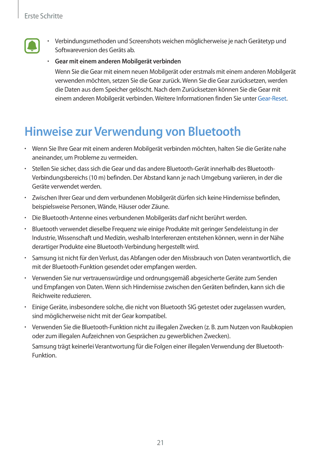 Samsung SM-R7500ZKATUR, SM-R7500ZWASEB Hinweise zur Verwendung von Bluetooth, Gear mit einem anderen Mobilgerät verbinden 